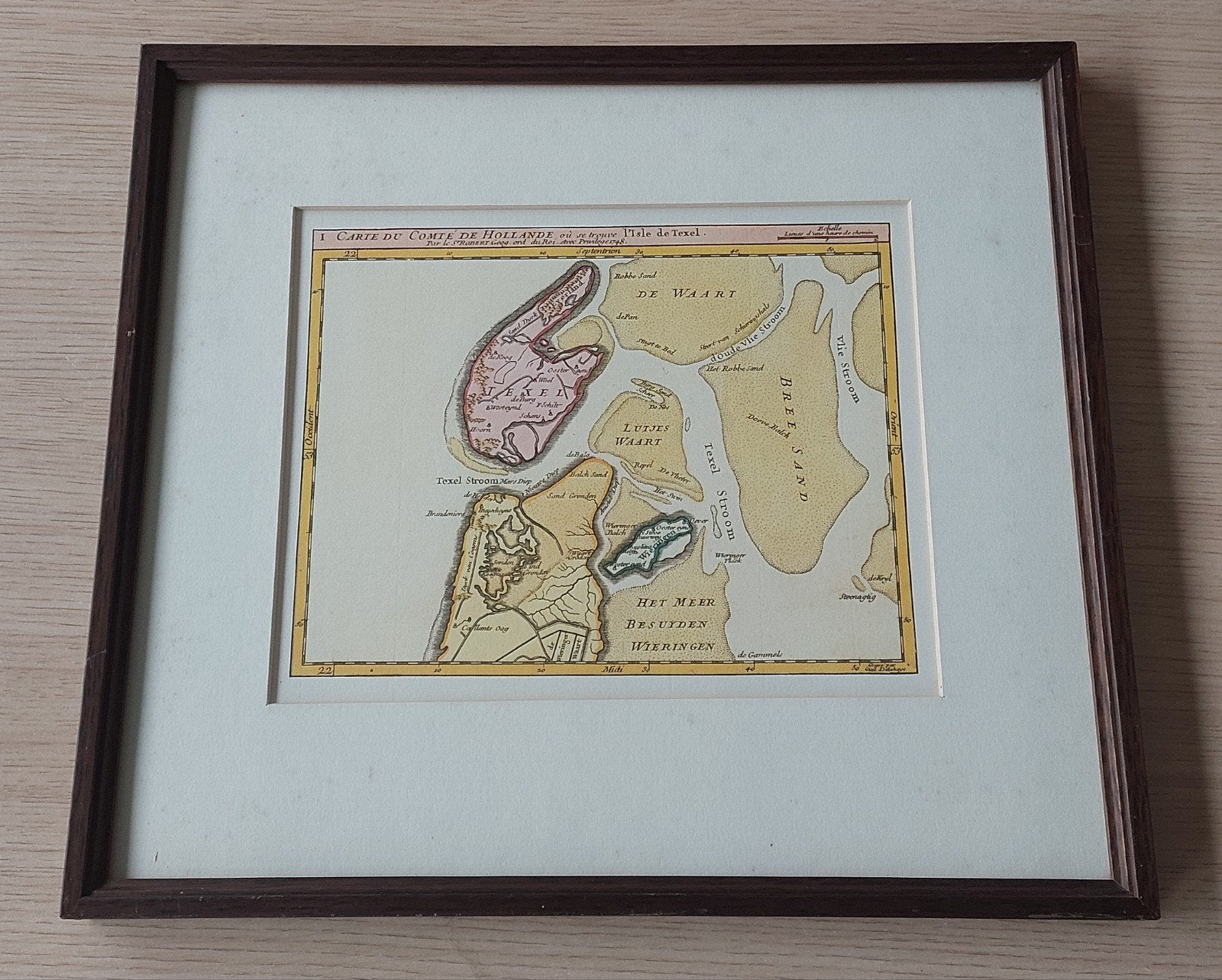 Antieke kaart l'Isle de Texel, 1748 - Ingelijst, Antiek en Kunst, Ingelijst, Cartografie, 27 cm, Ophalen of Verzenden