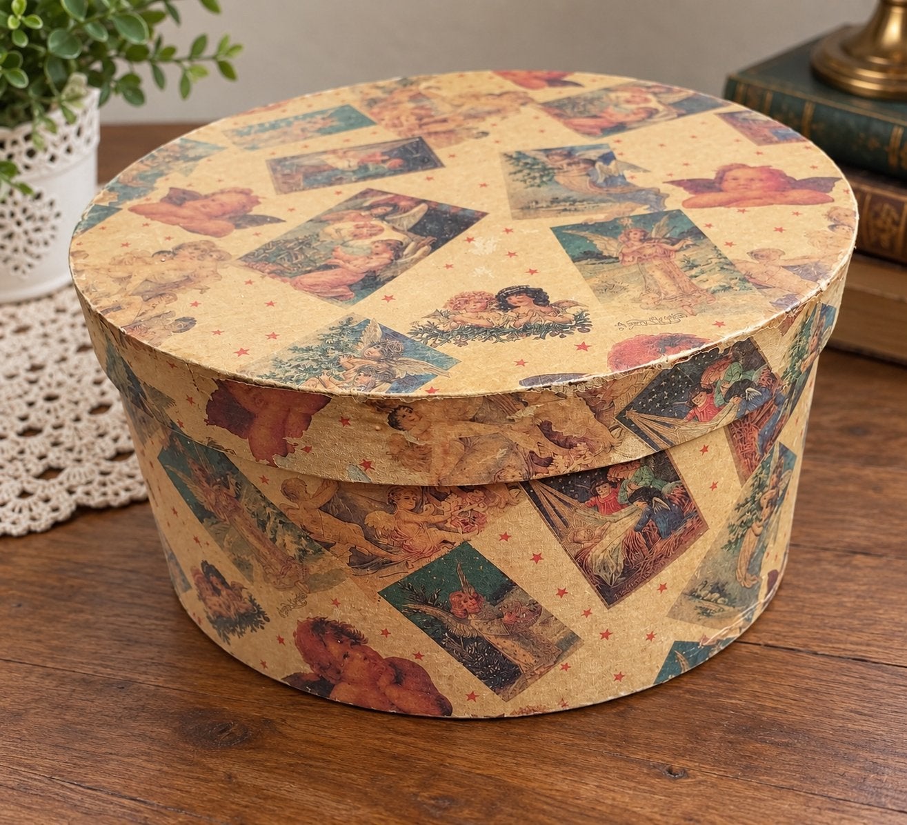 Vintage Ronde Opbergdoos met Kerst Engeltjes, Ophalen of Verzenden, Zo goed als nieuw