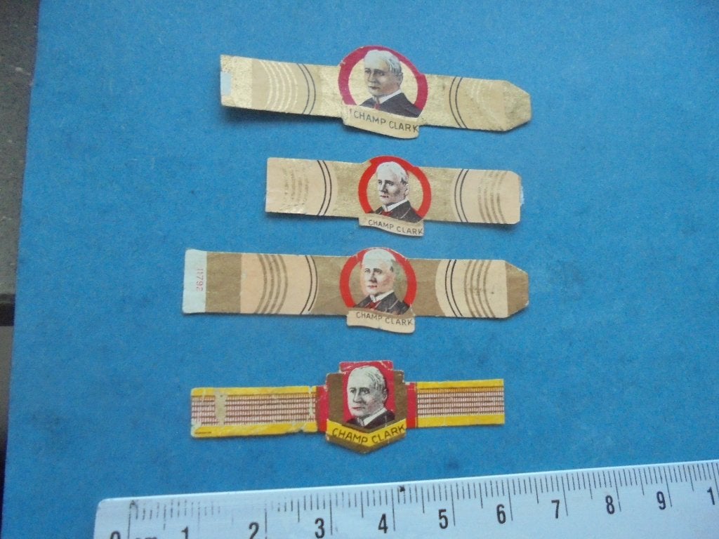 4 Oude sigarenbanden Champ Clark met portret, Ophalen of Verzenden, Zo goed als nieuw, Sigarenbandjes