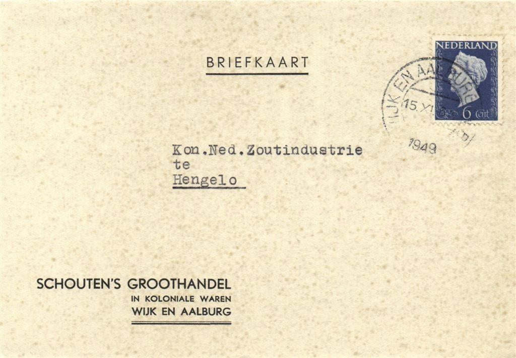 Schouten Groothandel, Wijk en Aalburg - 11.1949 - briefkaart, Ophalen of Verzenden, Briefkaart