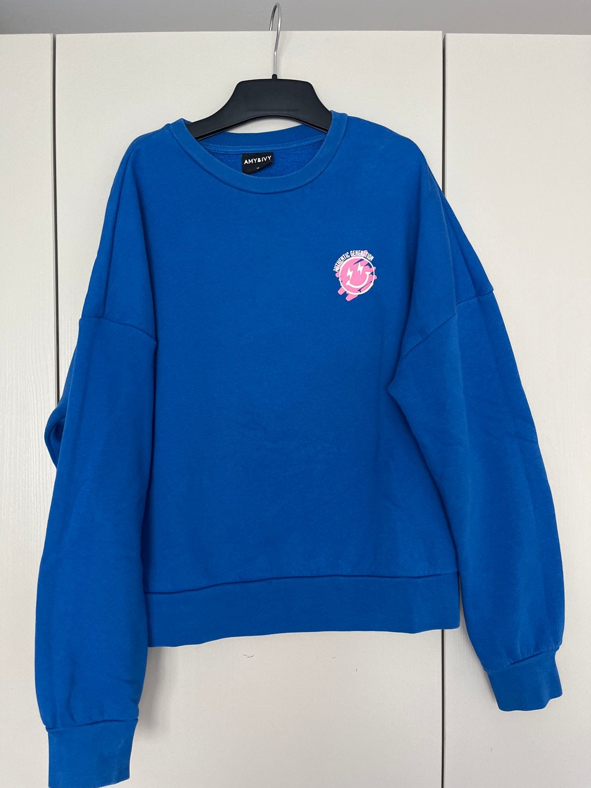 Blauwe Amy & Ivy sweater met 'Authentic Generation' print, Ophalen of Verzenden, Gedragen, Maat 38/40 (M), Blauw