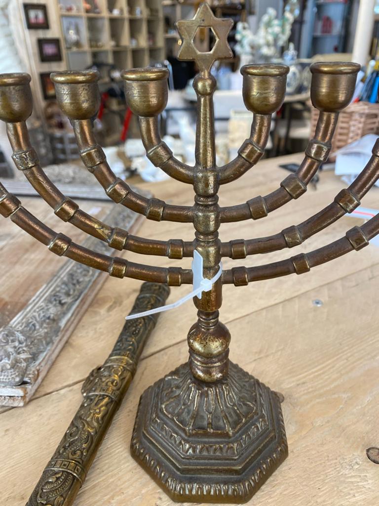 Vintage Koperen Menora - Joodse Kandelaar met Davidster, Antiek en Kunst, Antiek | Kandelaars, Ophalen, Koper of Brons