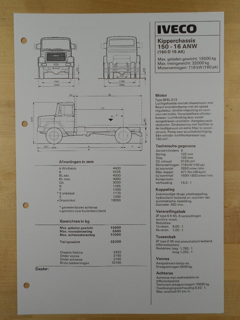 Iveco 150.16 ANW 4x4 Torpedo Specificatie Brochure 1984, Iveco, Ophalen of Verzenden, Zo goed als nieuw, Overige merken
