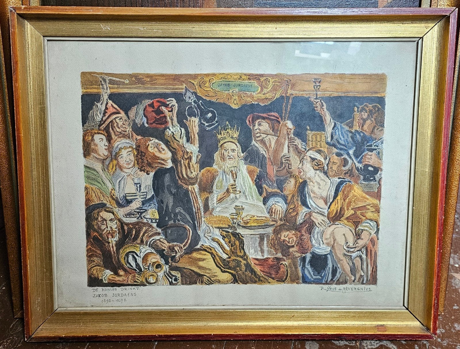 Oude aquarel/ naar Jacob Jordaens, 'De Koning Drinkt, Antiek en Kunst, Kunst | Schilderijen | Klassiek, Ophalen of Verzenden