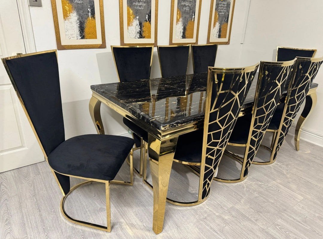 Luxe Turkse Eettafel met 6 Stoelen - Zwart Marmer & Goud, Verzenden, Overige materialen, 50 tot 100 cm, Zo goed als nieuw