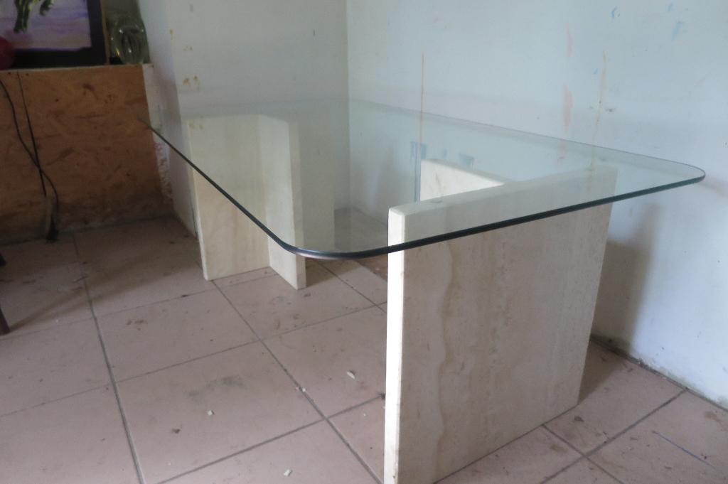 Italiaanse vintage tafel van travertijn en glas, 1970, Huis en Inrichting, Tafels | Salontafels, Ophalen, Gebruikt, 100 tot 150 cm