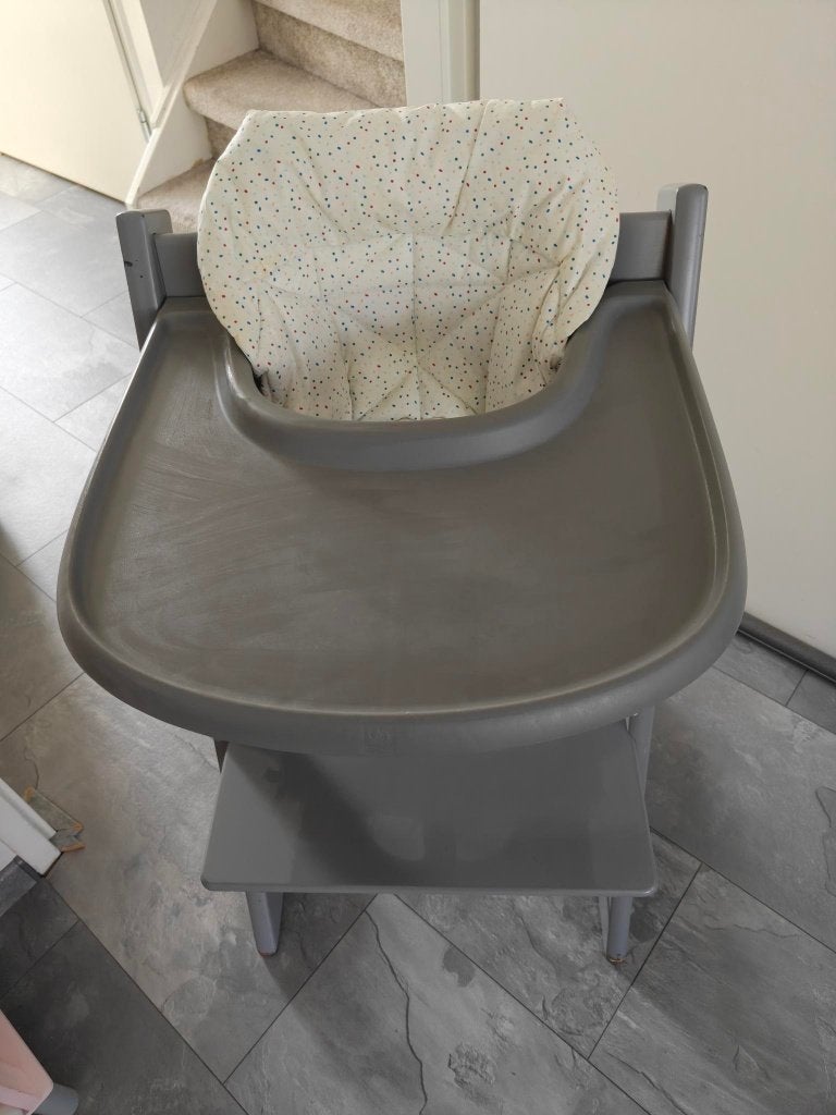 Stokke Tripp Trapp grijs + babyset + eetblad + kussens, Ophalen, Gebruikt, Meegroeistoel, Aanschuifbaar