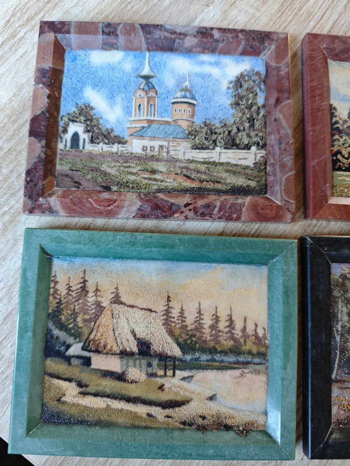 Set van 9 ingelijste landschapsschilderijen, zandkunst, Ophalen of Verzenden