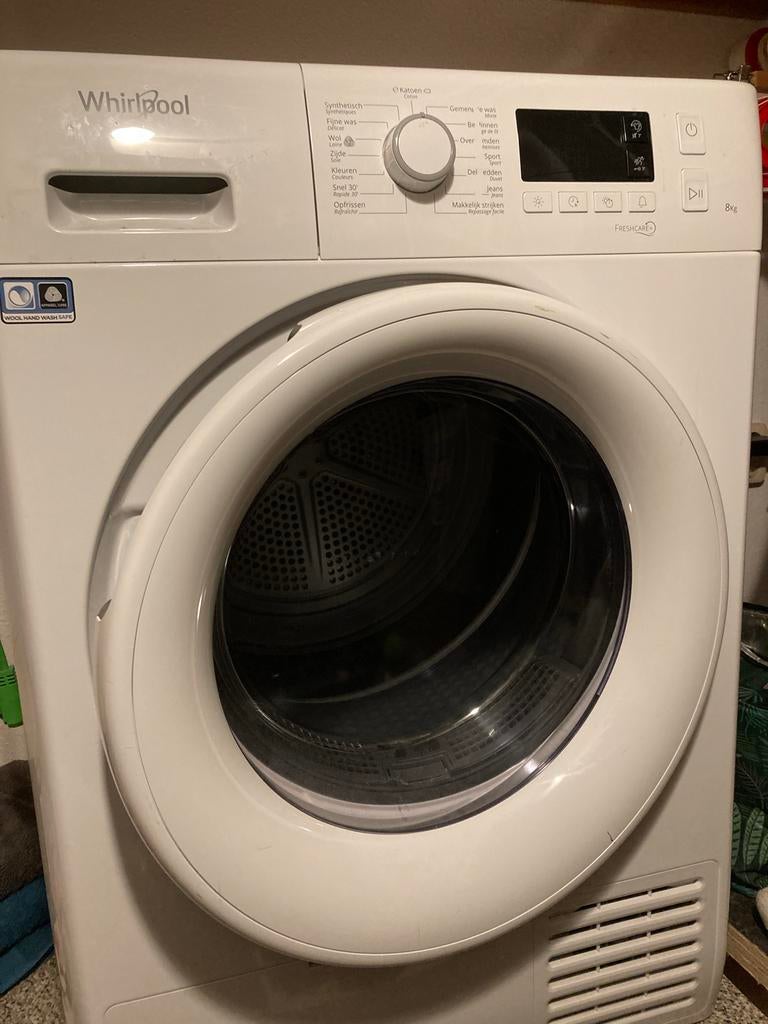 Whirlpool wasdroger, Witgoed en Apparatuur, Wasdrogers, Gebruikt, Condens, Voorlader, 8 tot 10 kg, 85 tot 90 cm, Ophalen