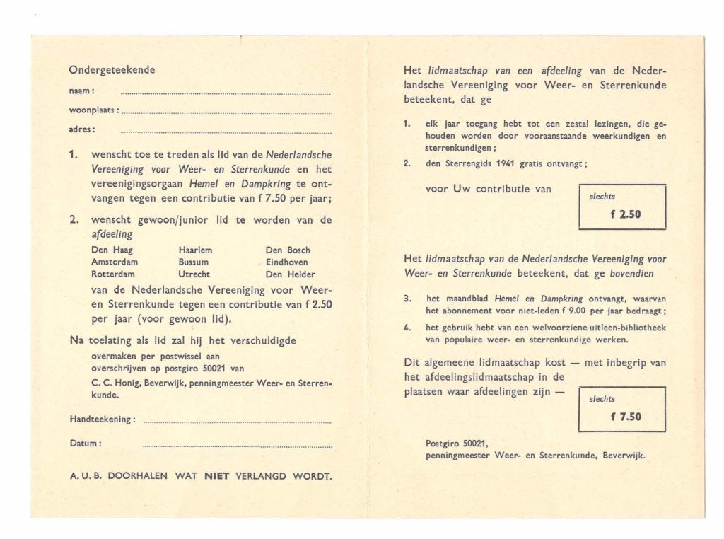Kaart Ned. Vereeniging Weer- en Sterrenkunde Utrecht 1941, Ophalen of Verzenden, Gebruikt, Overige typen