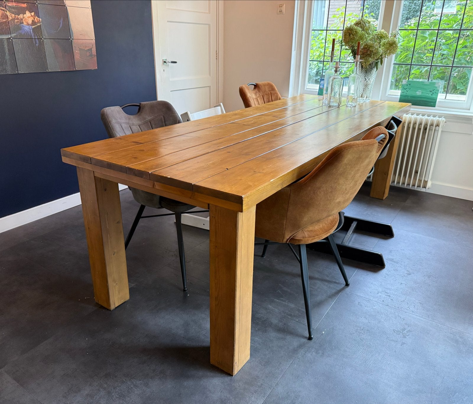 Stevige steigerhouten eettafel, Ophalen, Gebruikt, 200 cm of meer, 50 tot 100 cm