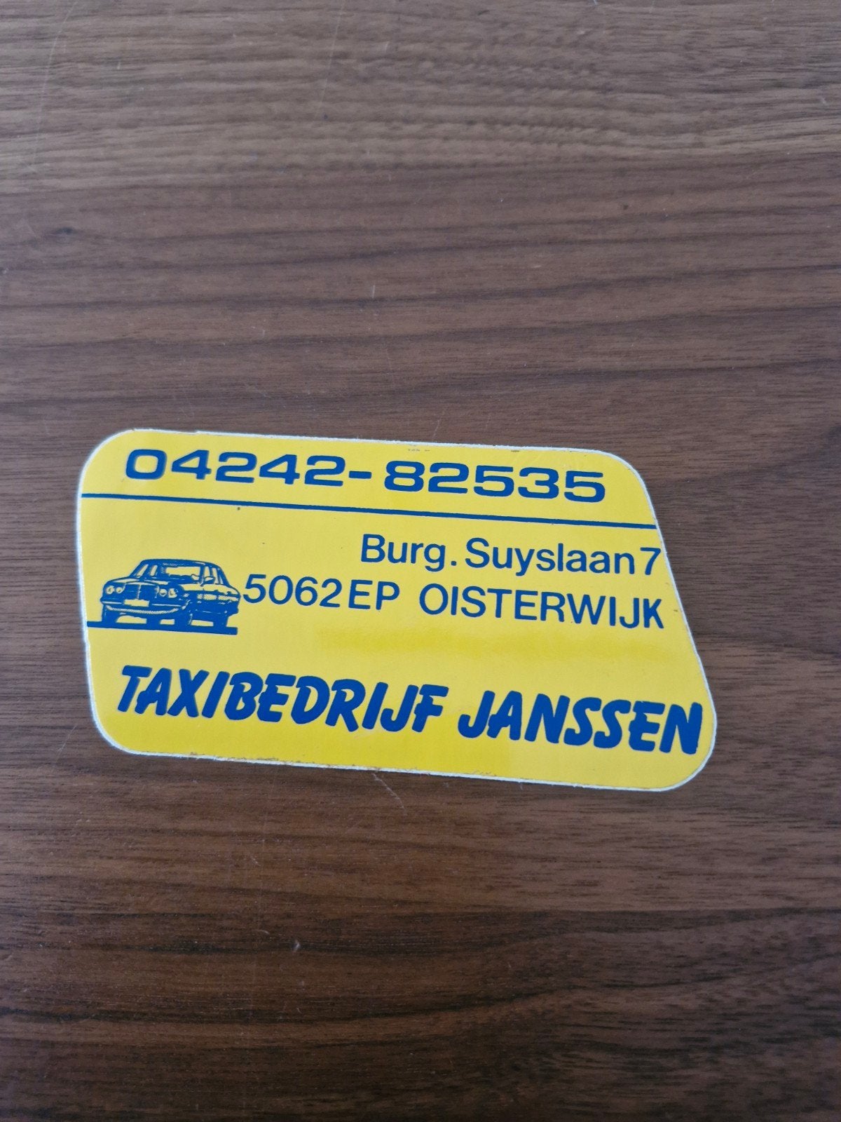 915 Vintage Sticker Taxibedrijf Janssen Oisterwijk 12x7 cm, Ophalen of Verzenden, Gebruikt, Auto of Motor