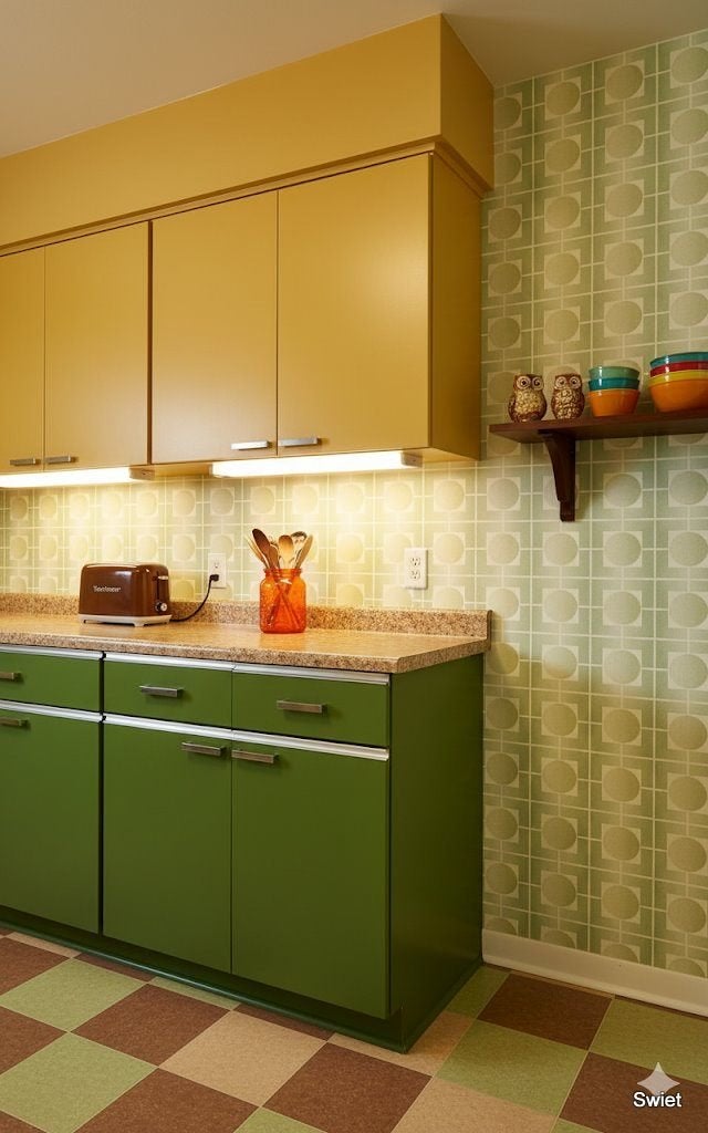   14055 Zachtgroen vinylbehang retro cirkels en rust swiet, Ophalen of Verzenden, Minder dan 10 m²