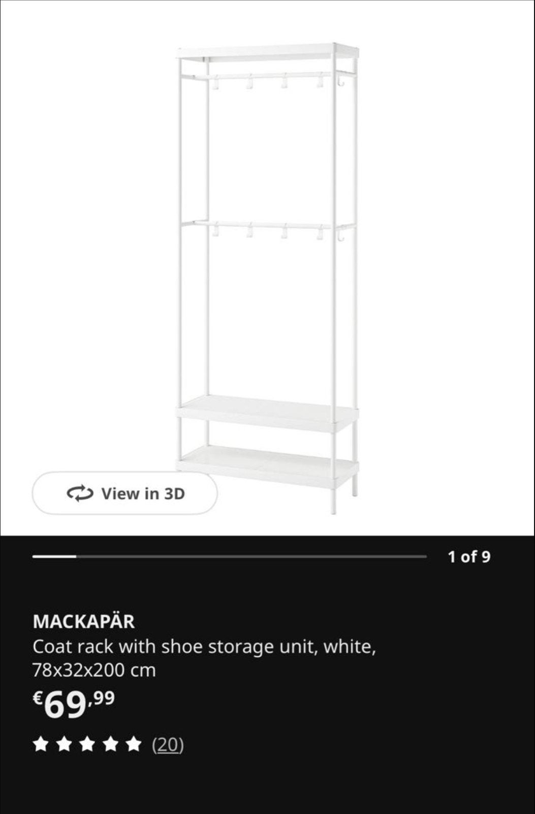 IKEA MACKAPÄR Kapstok met schoenenrek, wit, Ophalen, 200 cm of meer, Zo goed als nieuw, Metaal