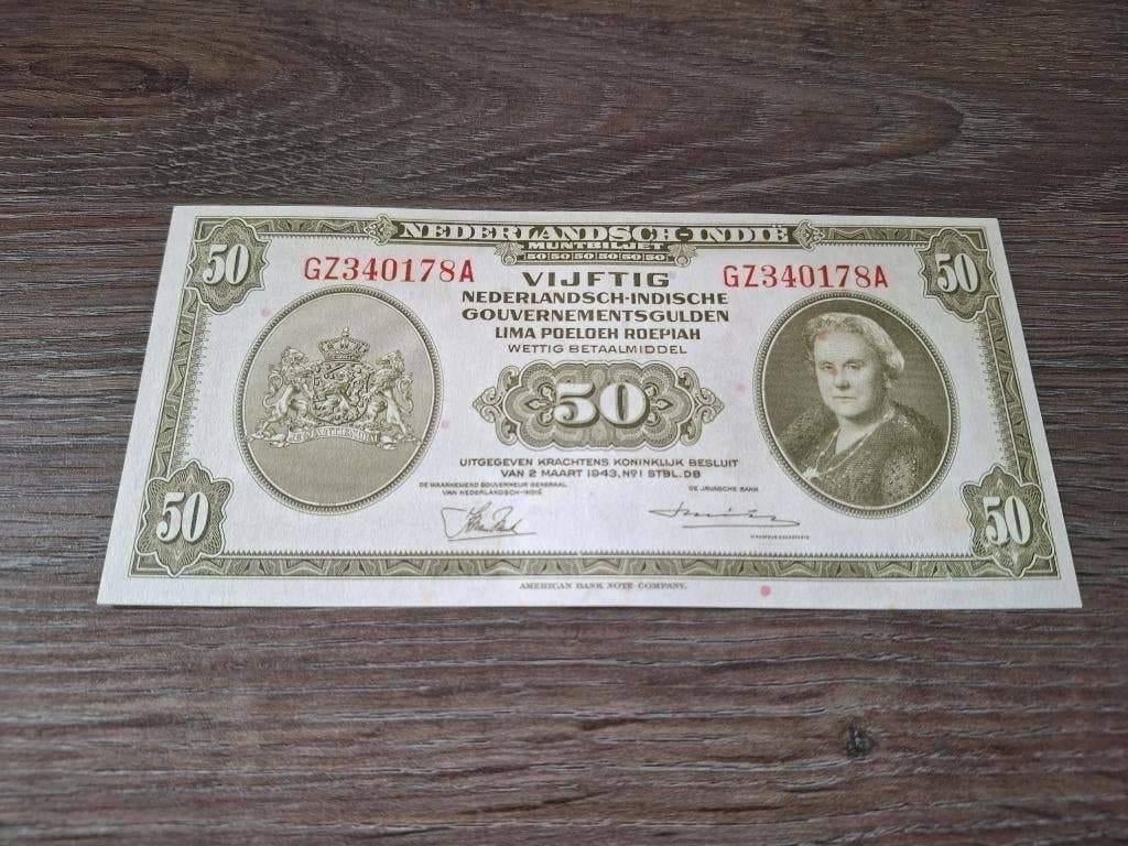 UNC biljet 50 gulden Nederlands-Indië, Wilhelmina 1943, Postzegels en Munten, Bankbiljetten | Nederland, Ophalen of Verzenden