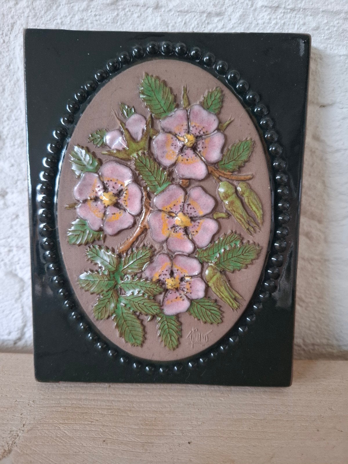 Vintage Jie Gantofta wandbord. Zweeds. Roze bloemen. 17x13,5, Ophalen of Verzenden