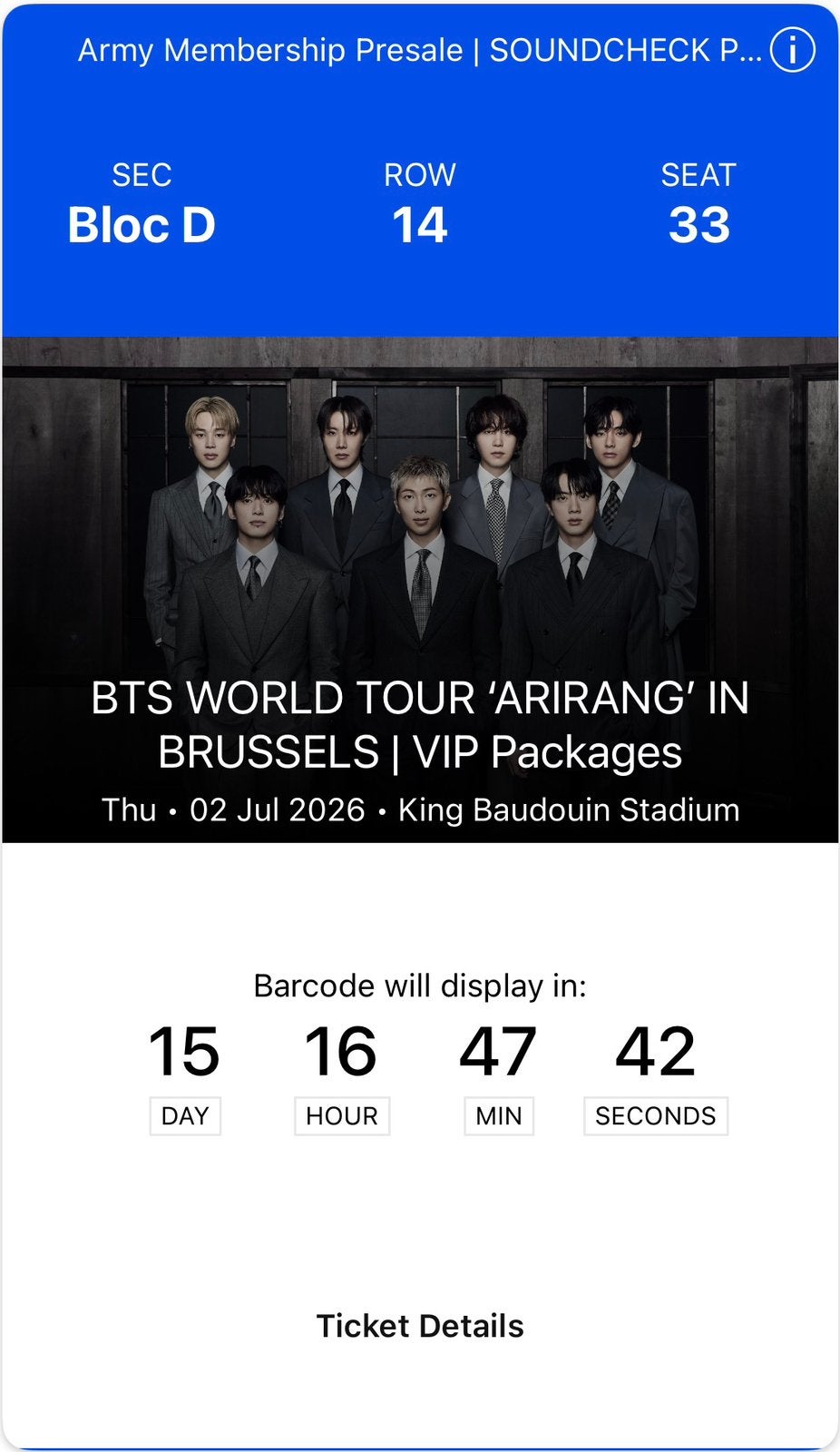 BTS – 2x VIP Soundcheck Zitplaatsen – 2 Juli – Brussel, Tickets en Kaartjes, Twee personen, Juli