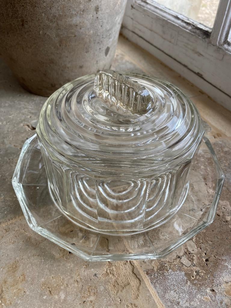 Brocante, Art Deco glazen stolp met onderbord, Ophalen of Verzenden