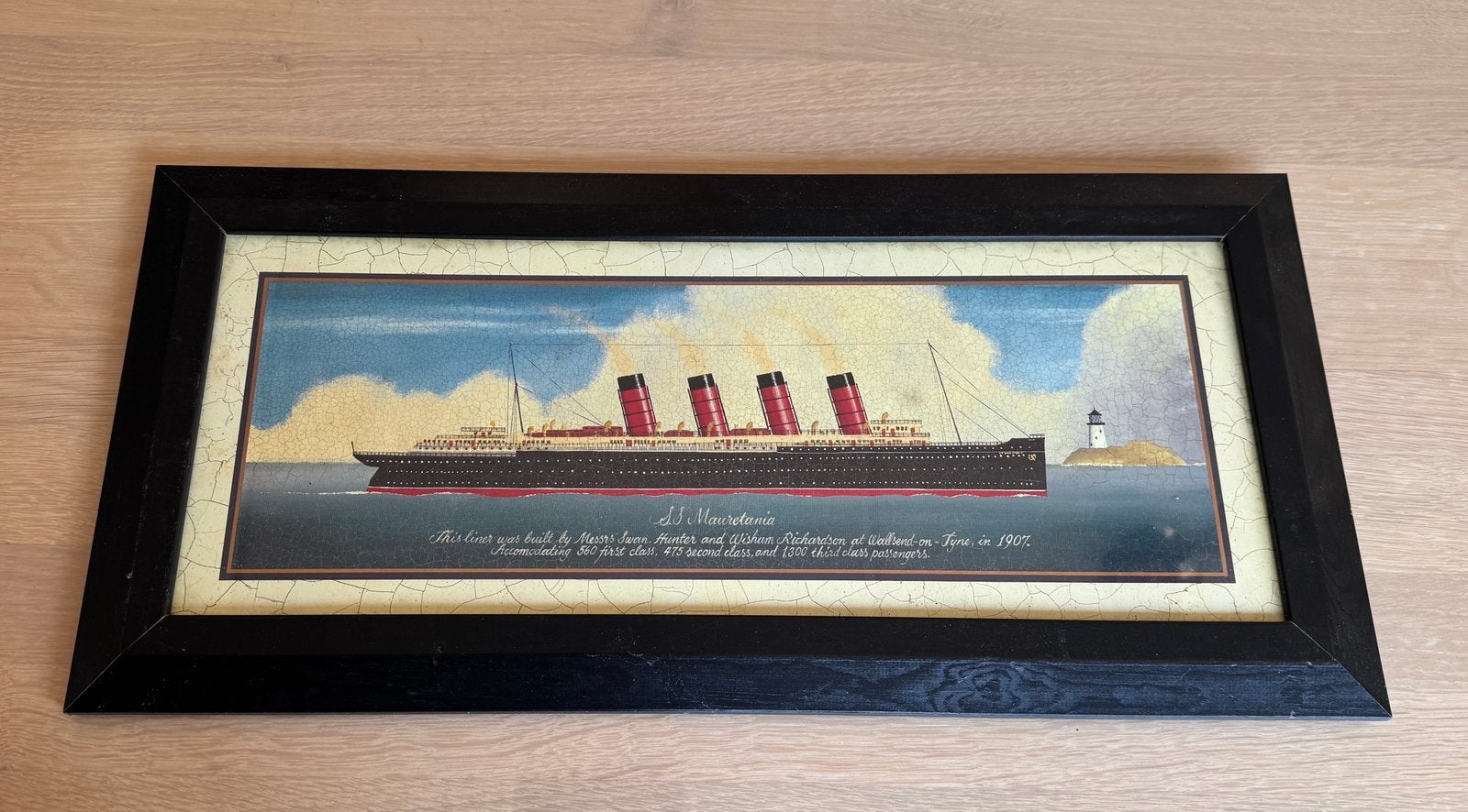 Laatste weekend: houten Scheepsportret, SS Mauretania, Ophalen of Verzenden, Poster, Achter glas