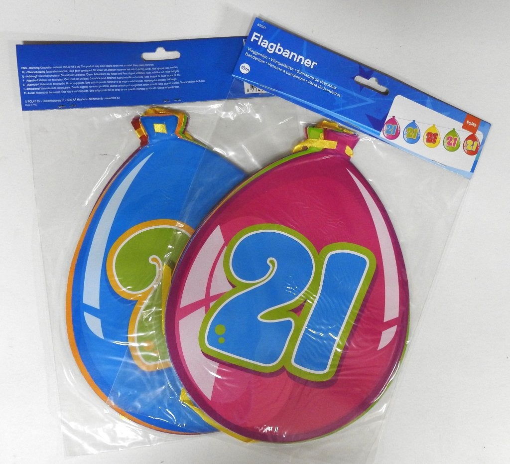 vlaggenlijnen ballonnen figuur 2 stuks leeftijd 21 jaar, Hobby en Vrije tijd, Feestartikelen, Ophalen of Verzenden, Nieuw, Versiering