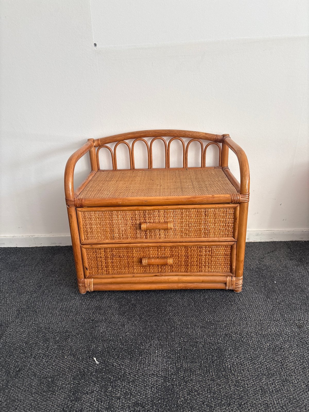 Vintage rotan kastje met 2 lades, Ophalen, Gebruikt, 1 of 2 laden, 50 tot 100 cm