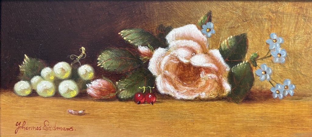 Johannes Eerdmans (1950-2023) - Stilleven met roos en fruit, Antiek en Kunst, Kunst | Schilderijen | Klassiek, Paneel, Stilleven