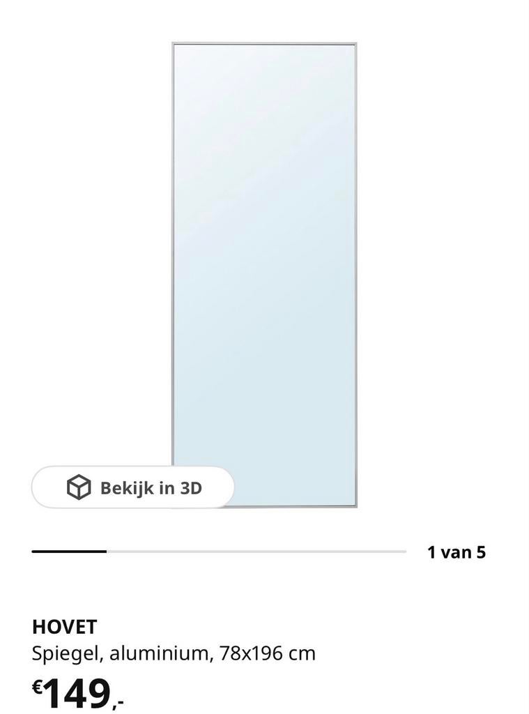 Grote HOVET spiegel, aluminium, 78x196 cm, Huis en Inrichting, Ophalen of Verzenden, Zo goed als nieuw, 75 tot 100 cm, 150 tot 200 cm
