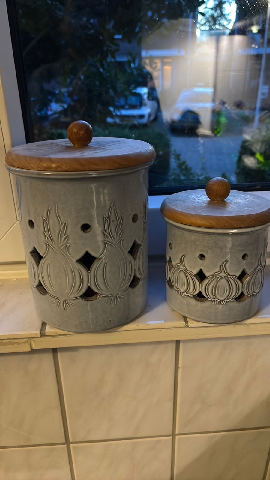 Vintage Deense Keramische Uienpot & Knoflookpot Set - 70s, Ophalen, Zo goed als nieuw