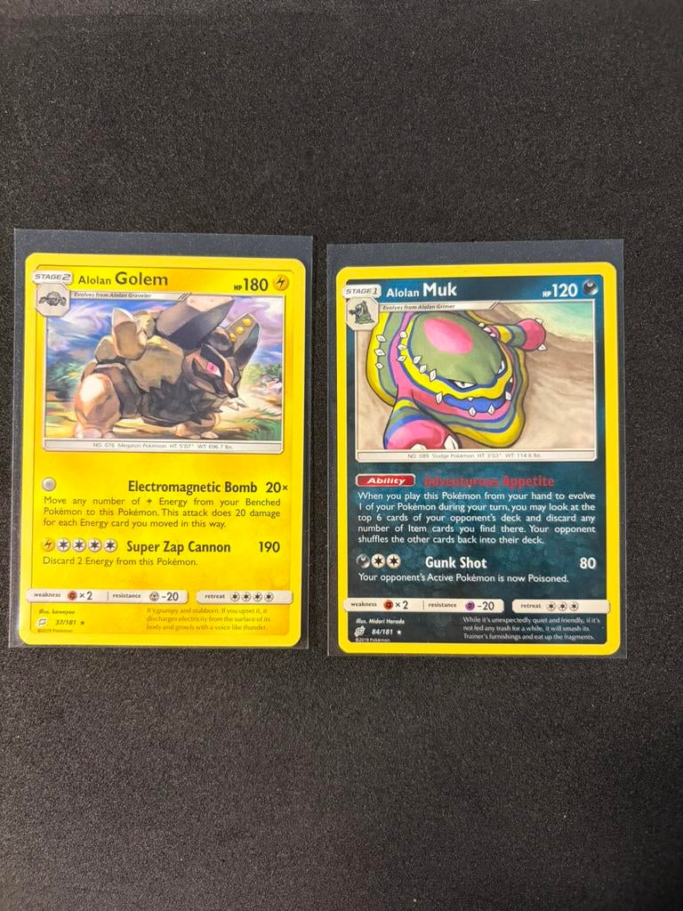 Pokemon cards team up rare - Alolan Muk 84 & Alolan Golem 37, Ophalen of Verzenden, Zo goed als nieuw, Meerdere kaarten