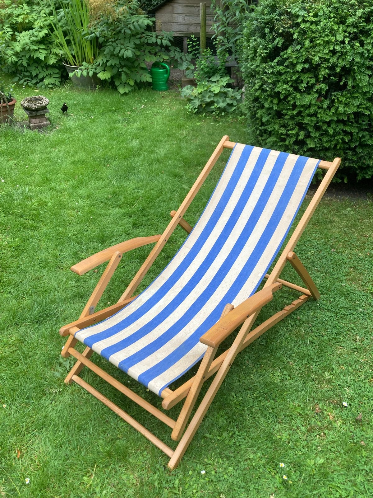 Strandstoel met 4 standen - Blauw/Wit gestreept, Ophalen, Gebruikt, Hout, Inklapbaar