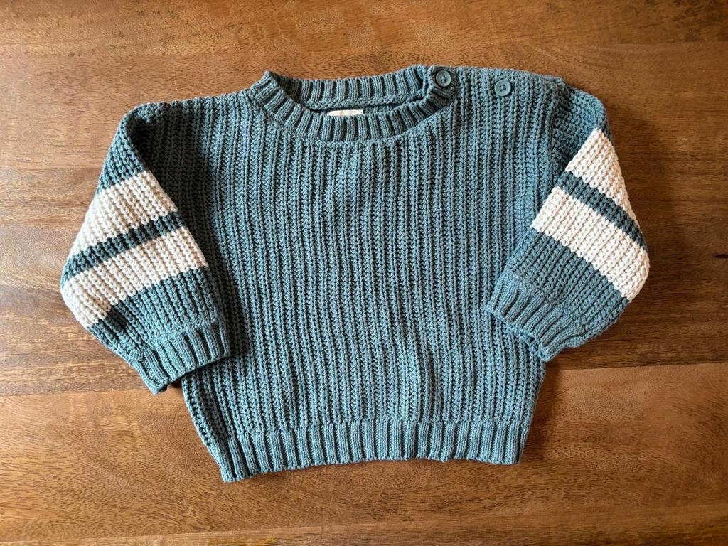 Turquoise gebreide trui Zeeman maat 74 met witte strepen, Ophalen of Verzenden, Zo goed als nieuw, Jongetje of Meisje, Truitje of Vestje