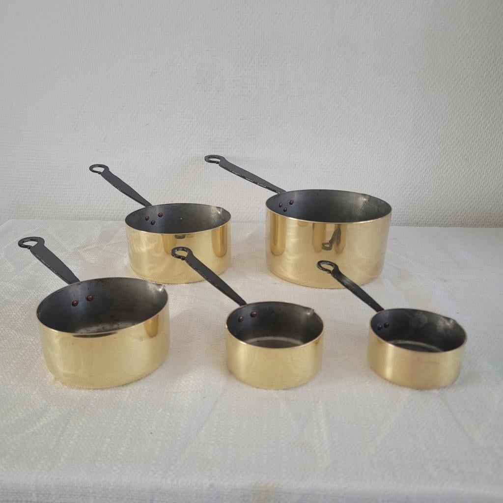 5 brocante franse koperen pannen pannenset, Ophalen of Verzenden, Gebruikt, Overige materialen, Pannenset