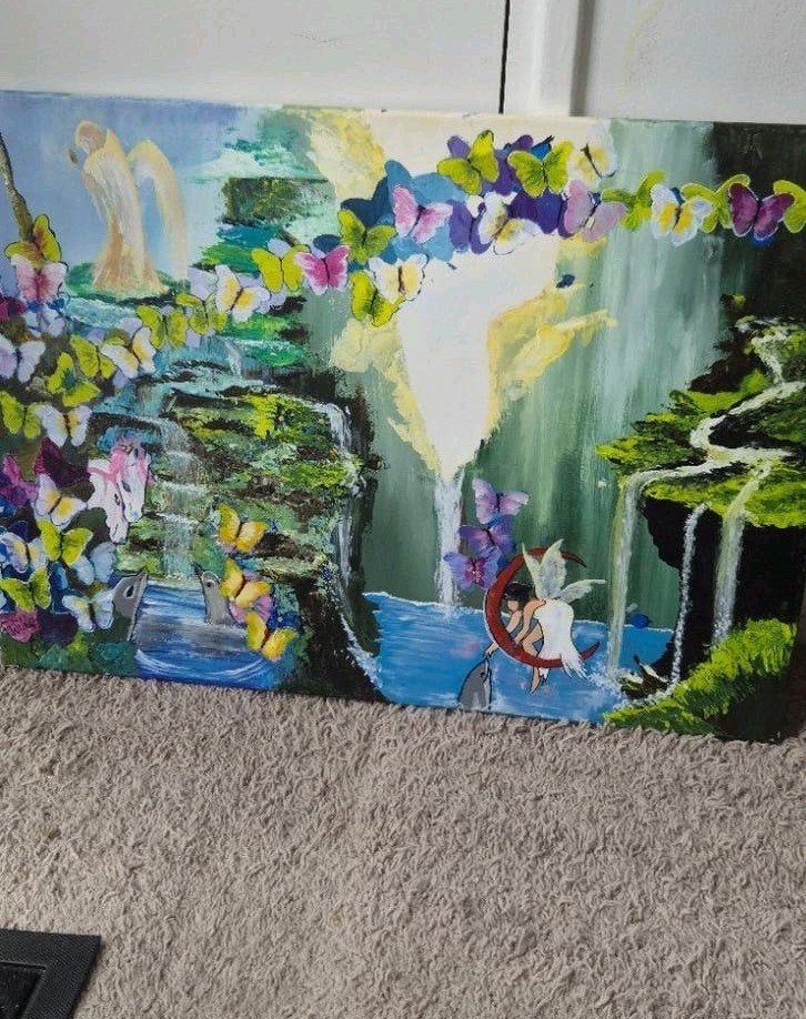 Sprookjesachtig Schilderij met Vlinders en Watervallen, Ophalen