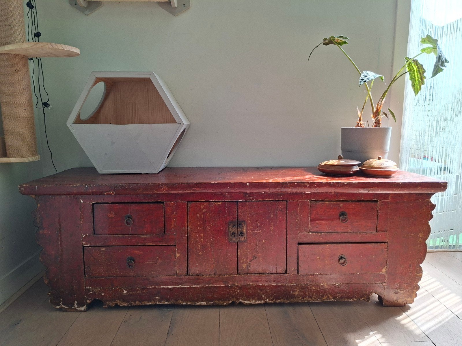 Antiek Chinees Dressoir - Rood/Bruin Hout, Ophalen