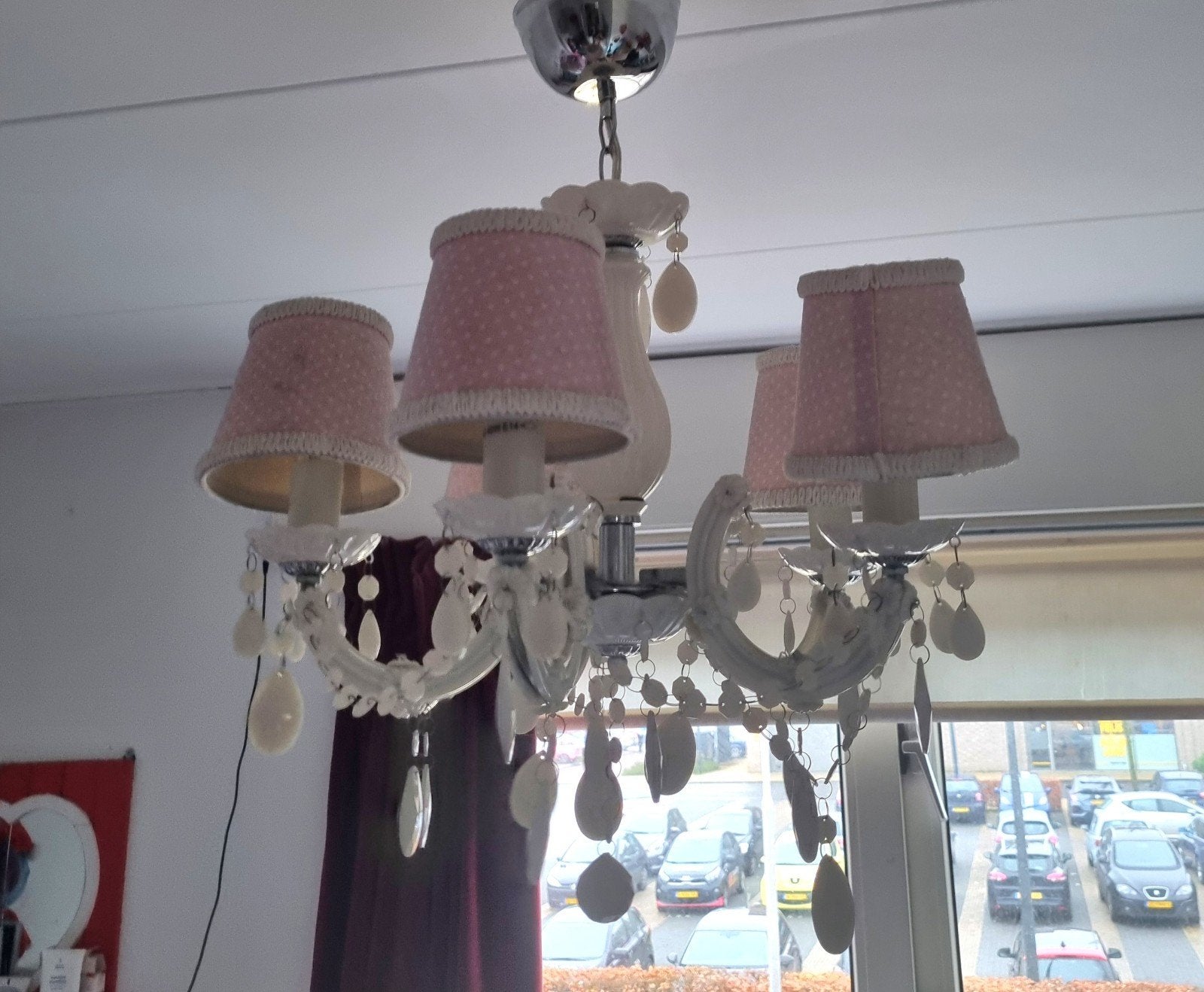 Kroonluchter voor meiden kamer roze met stippen, Ophalen, Gebruikt, Kunststof