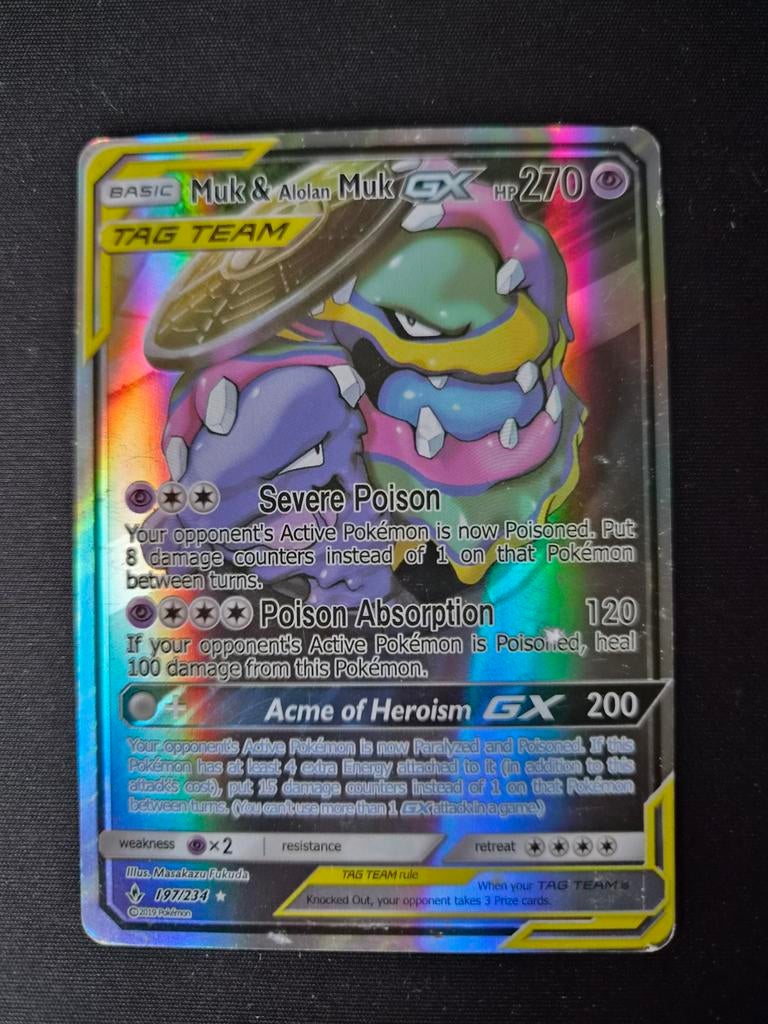 Pokémon Kaart: Muk & Alolan Muk GX TAG TEAM (197/234), Ophalen of Verzenden, Zo goed als nieuw, Losse kaart, Foil
