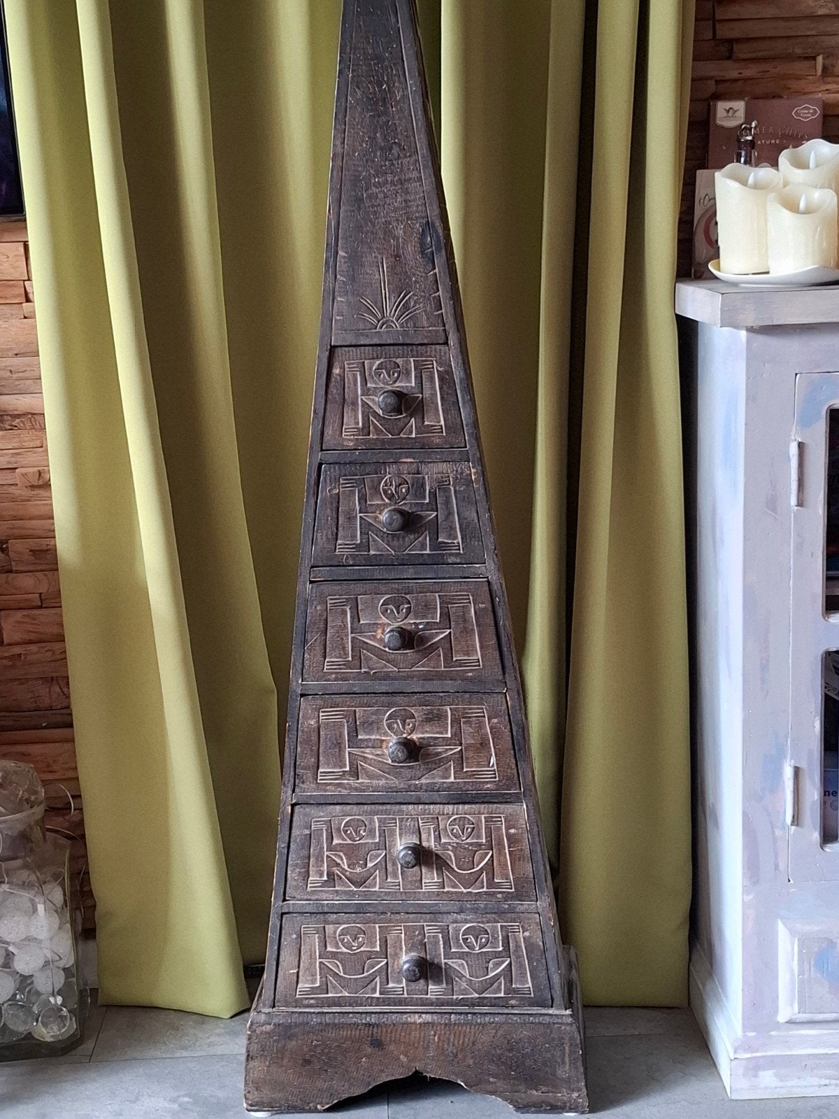 Unieke houten piramide ladekast met 6 laden, Ophalen, Minder dan 50 cm, Gebruikt, 5 laden of meer