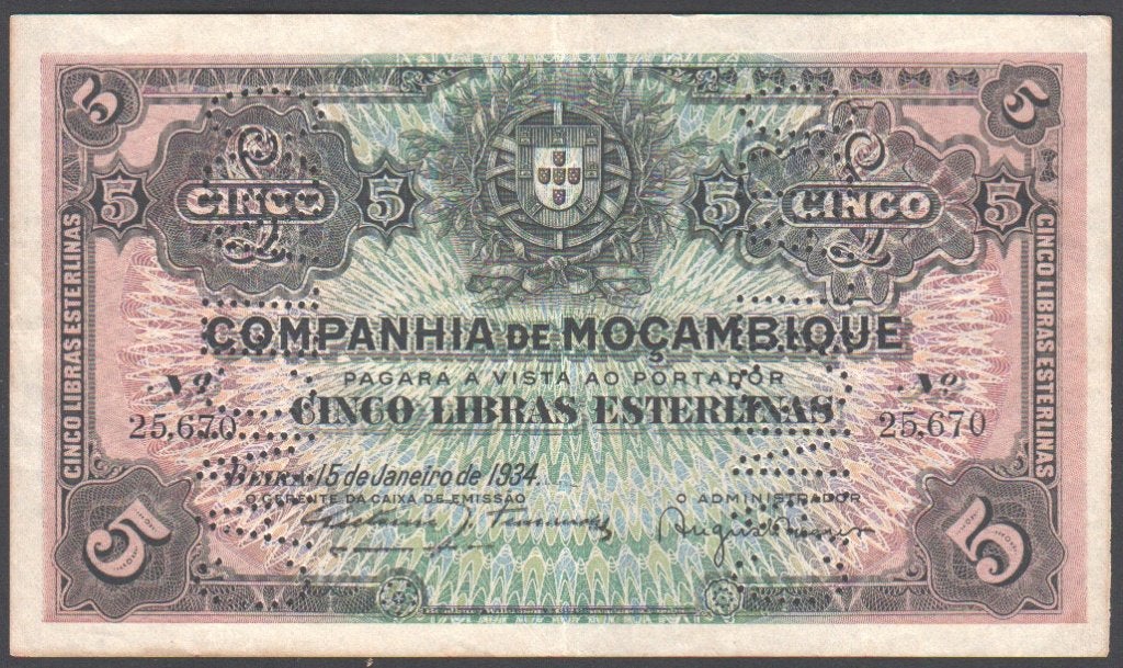 Mozambique 5 Libras 1934 Cancelled, Postzegels en Munten, Verzenden, Overige landen, Los biljet