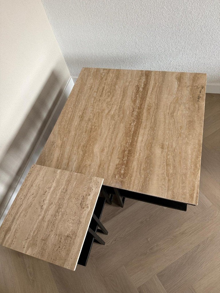 Vierkante salontafel set | Travertin | Industrieel | Outlet, Ophalen, 3194DD, 50 tot 100 cm, Vierkant