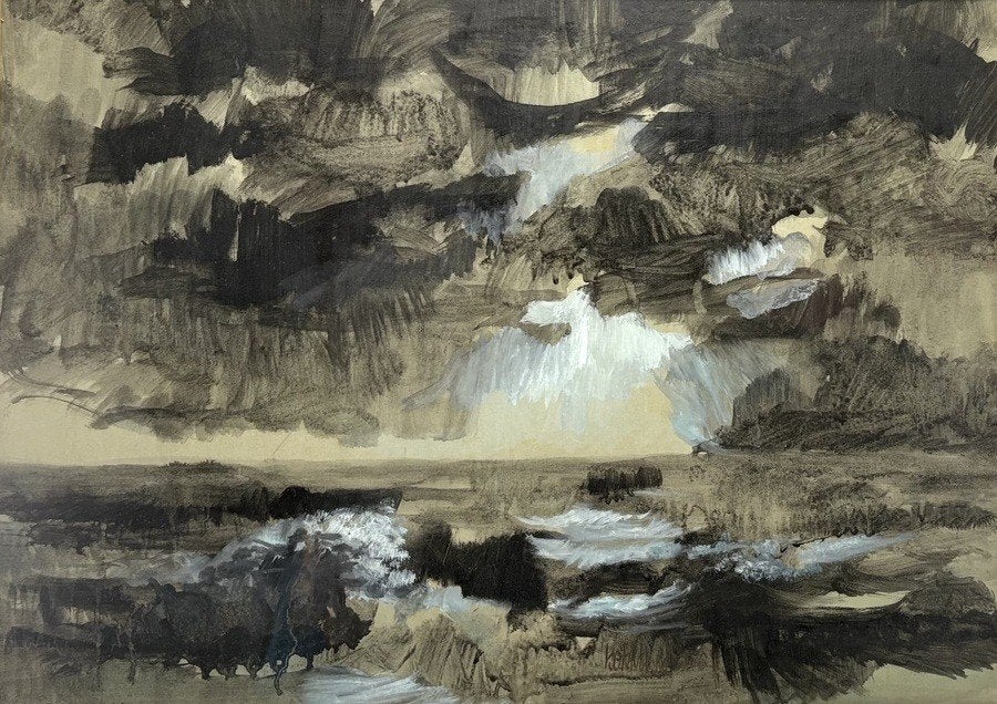865. Aquarel, Beb Mulder – expressief kustlandschap, 1984, Antiek en Kunst, Ophalen of Verzenden, Aquarel, Landschap