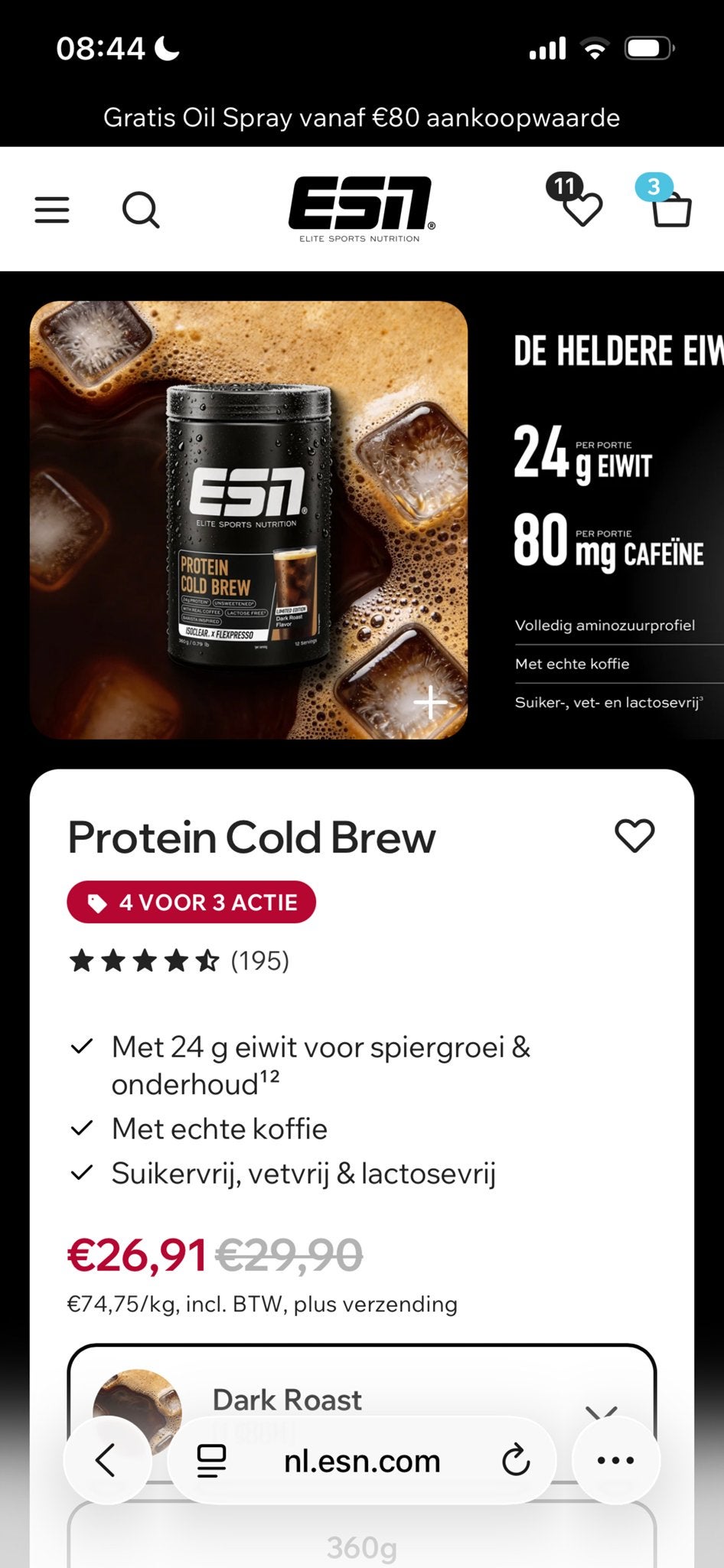 ESN Protein Cold Brew - Dark Roast (360g), Ophalen of Verzenden, Gebruikt, Poeder of Drank