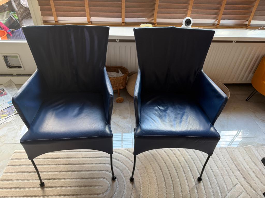 Montis Chaplin set (2) — blauw leer, design eetkamerstoelen, Ophalen, Gebruikt, Twee, Blauw