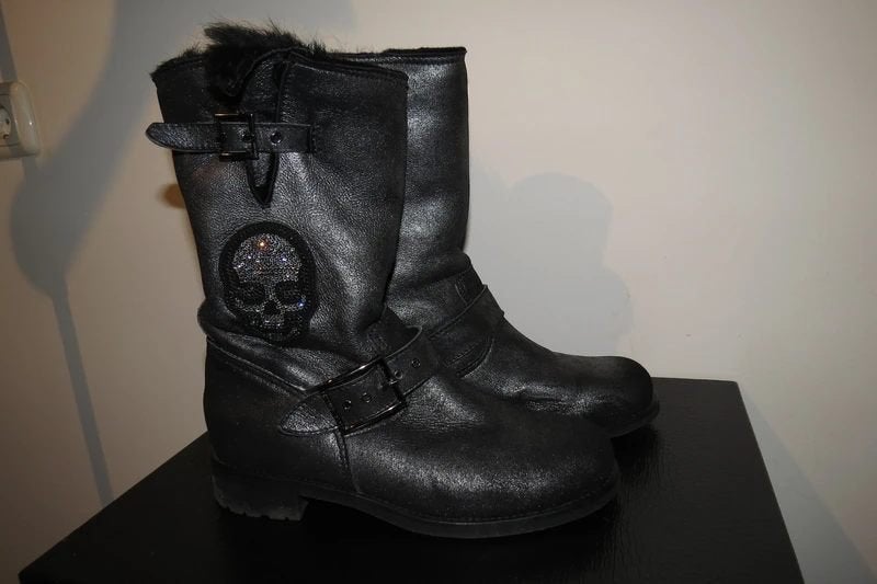 Philipp Plein biker boots swarovski schedel zijkant banden38, Hoge laarzen, Verzenden, Zwart, Zo goed als nieuw