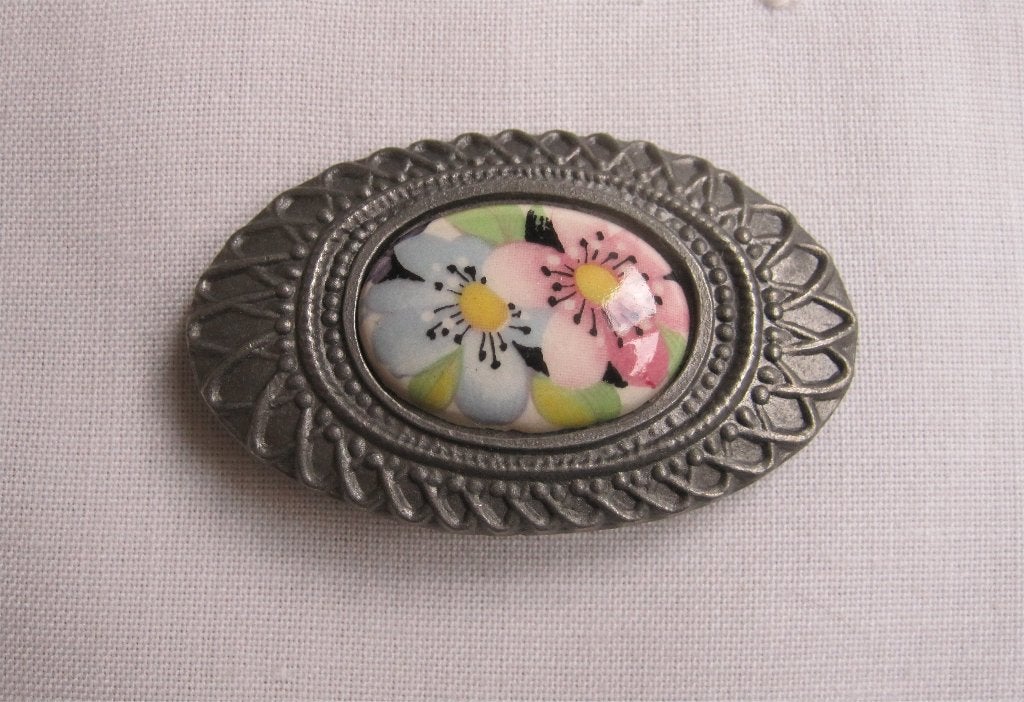 Vintage broche van tin, pastelkleurige bloemen, Overige materialen, 4 tot 7 cm, Overige kleuren, Ophalen of Verzenden