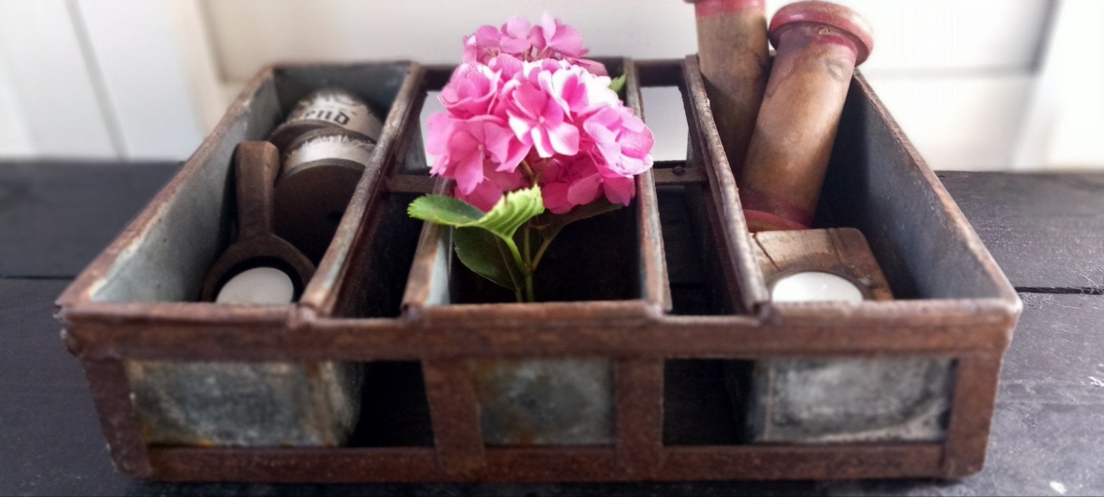 Vintage metalen bakje met drie vakken - Rustieke decoratie, Ophalen of Verzenden
