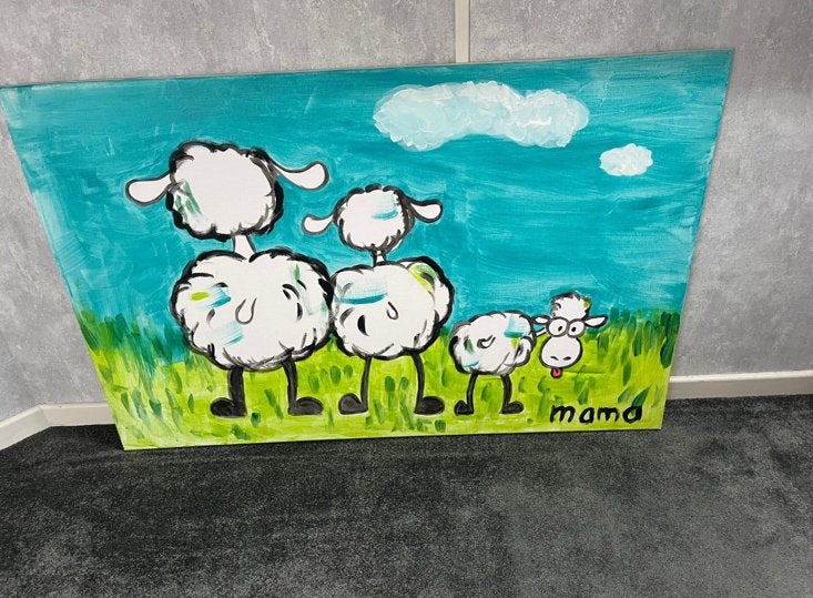 Canvas schilderij met schapen 115x75cm, Ophalen, Gebruikt, Schilderij, 100 tot 125 cm