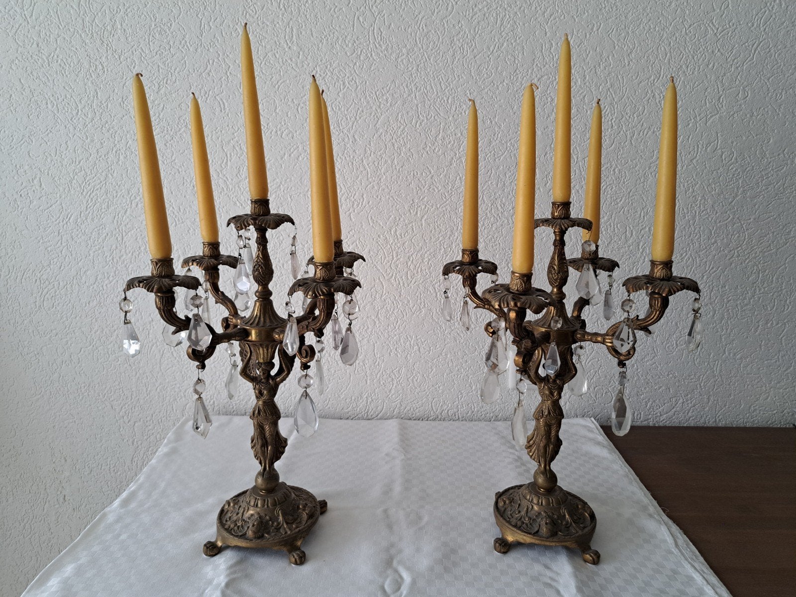 Antieke bronzen kandelaars met hangers, Ophalen of Verzenden, Koper of Brons