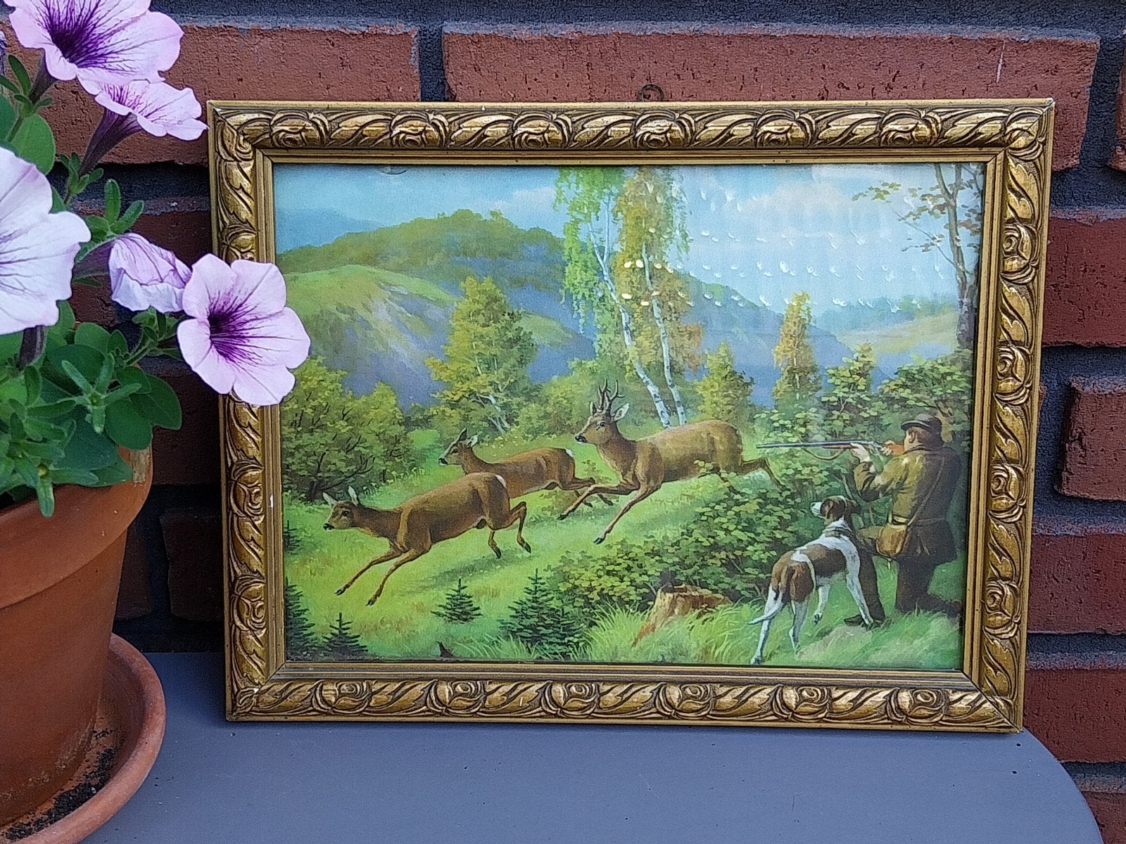 Vintage Jachttafereel Schilderij met Herten en Jager, Paneel, Dieren, Ophalen of Verzenden, Olieverf