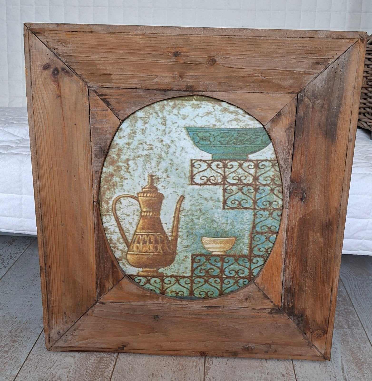 Vintage schilderij in houten lijst - Oosters tafereel, 50 – 75, Gebruikt, Ophalen of Verzenden, Schilderij