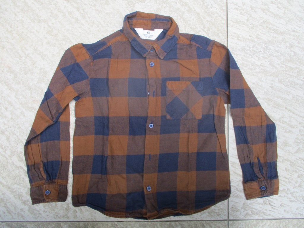 Flanel overhemd bruin blauw geruit 122 H&M lange mouwen, Kinderen en Baby's, Overhemd of Blouse, Ophalen of Verzenden, Jongen